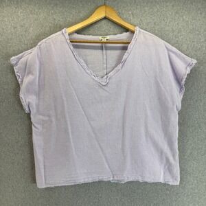 Dylan V-Neck Top Short Sleeve Casual Blouse Linen‎ Blend Lavender Purple Large